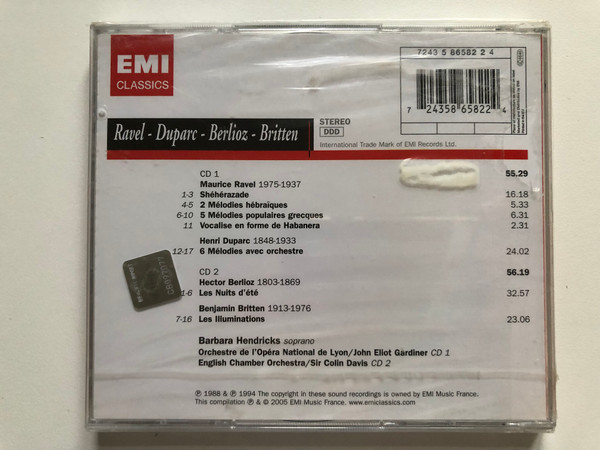 Barbara Hendricks - Ravel, Duparc, Berlioz, Britten - Melodies avec orchestre, John Eliot Gardiner, Sir Colin Davis / EMI Classics 2x Audio CD 2005 Stereo / 724358658224