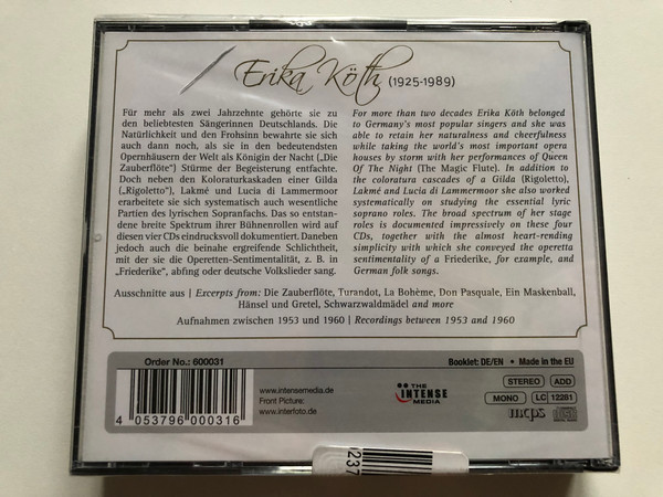 Erika Köth – Geliebt und Unvergessen = Beloved and Unforgotten / The Intense Media 4x Audio CD, Stereo, Mono / 600031