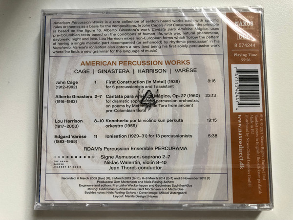 Percurama - American Percussion Works: Cage, Ginastera, Harrison, Varèse / Signe Asmussen (soprano), Niklas Walentin (violin), Jean Thorel (conductor) / Naxos Audio CD 2021 / 8.574244