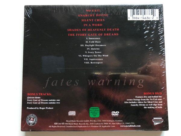 Fates Warning – No Exit / Metal Blade 25th Anniversary Edition with Bonus DVD / Metal Blade Records Audio CD + DVD Video 2007 / 3984-14636-2
