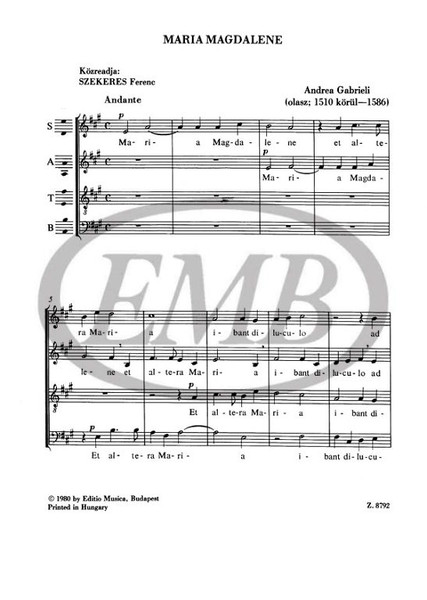 Old Masters' Mixed Choruses 33 / Edited by Szekeres Ferenc / Editio Musica Budapest Zeneműkiadó / 1980 / Régi mesterek vegyeskarai 33 / Közreadta Szekeres Ferenc
