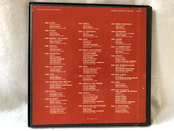  Opening Nights at the Met / Historic Recordings of Metropolitan Opera Stars Re-Creating Their Celebrated Opening Night Roles / LM-6171 / 1966 RCA VICTOR Red Seal 3 LP VINYL SET with a unique segment of the Great Gold Curtain (LM-6171)