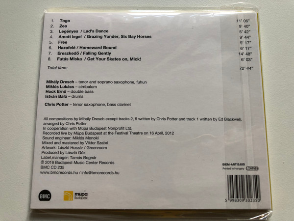 Mihály Dresch Quartet, Chris Potter – Zea / Budapest Music Center Records Audio CD 2016 / BMC CD 235 