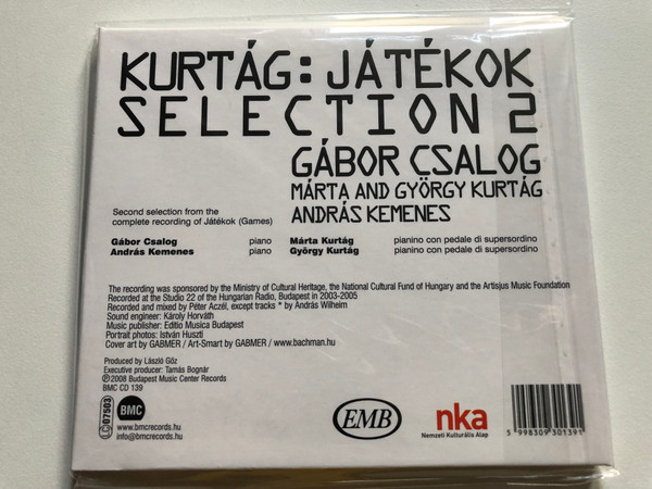Kurtág: Játékok Selection 2 / Gábor Csalog, Márta and György Kurtág, András Kemenes / Budapest Music Center Records Audio CD 2008 / BMC CD 139