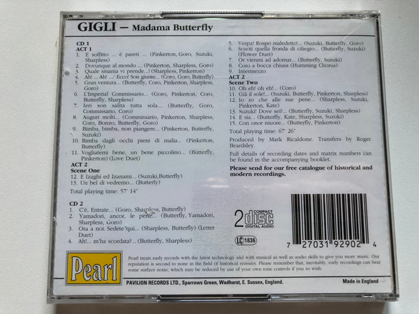 Gigli - Madam Butterfly / Toti dal Monte, Vittoria, Palombini, Maria Huder, Mario Basiola, Adelio, Zagonara, Gino Conti, Ernesto Dominici / Royal Opera House, Rome/Fabritiis / Pearl 2x Audio CD / GEMM CDS 9290