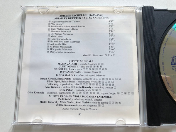 Pachelbel - Arias & Duets / Maria Zadori, Judit Nemeth, Gabor Kallay, Istvan Kovacs, Affetti Musicali on period instruments, Janos malina (director) / Hungaroton Classic Audio CD 1998 Stereo / HCD 31736 (5991813173621)