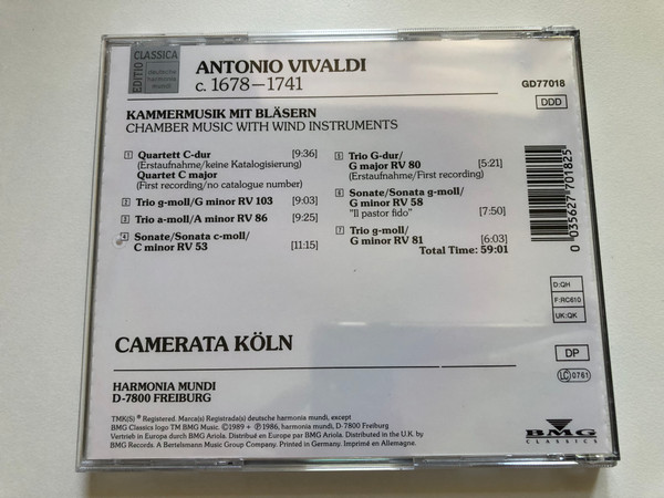 Vivaldi – Kammermusik Mit Bläsern - Chamber Music With Wind Instruments, Camerata Köln / Deutsche Harmonia Mundi Audio CD 1989 / GD77018
