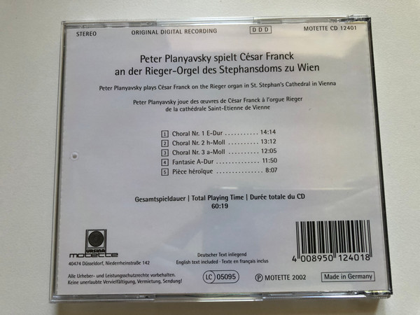 Peter Planyavsky - spielt Cesar Franck an der Rieger-Orgel des Stephansdoms zu Wien / Motette Audio CD 2002 Stereo / CD 12401