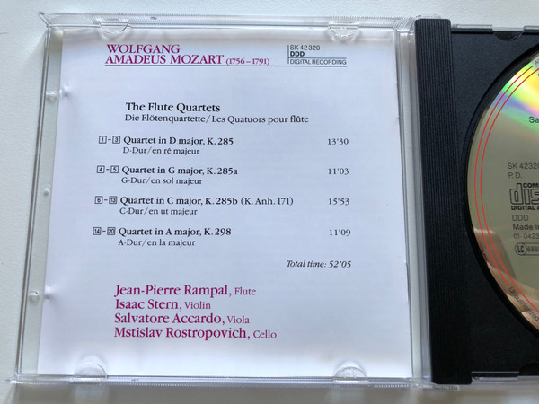 Mozart: The Flute Quartets - K. 285, 285 a, 285 b, 298 / Rampal, Stern, Accardo, Rostropovich / Artist Laureate / Sony Classical Audio CD 1992 / SK 42 320