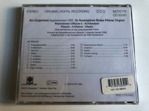 Ars Gregori - Supplementum VIIII - In Assumptione Beatae Mariae Virginis / Mariendonker Offizium , Ad Matutinas / Motette Audio CD 1994 Stereo / CD 50391