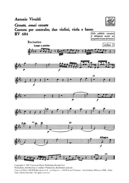 Vivaldi, Antonio: CESSATE, OMAI CESSATE. CANTATA PER C., 2 VL., VLA E B.C. R / V 684 / parts / Ricordi / 1987