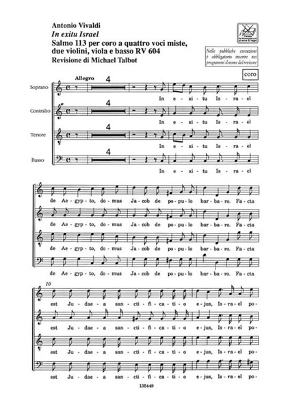 Vivaldi, Antonio: IN EXITU ISRAEL. SALMO 113 PER CORO A 4 VOCI MISTE, 2 VL., VLA E B. RV 604 / score and parts / Ricordi / 1991