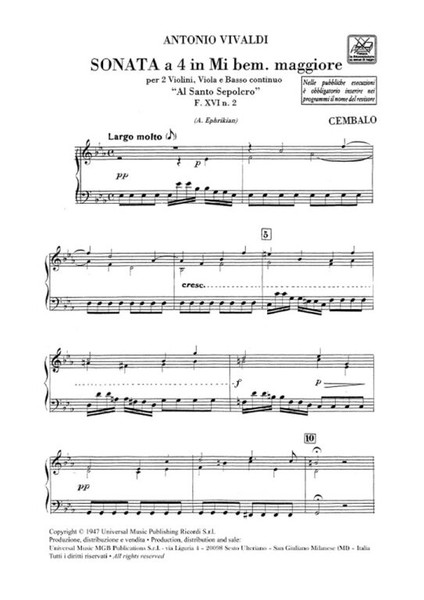 Vivaldi, Antonio: SON. PER STRUM. VARI E B.C.: PER 2 VL. E VLA IN MI BEM. 'A L SANTO SEPOLCRO' RV 130 - F.XVI/2 / Ricordi