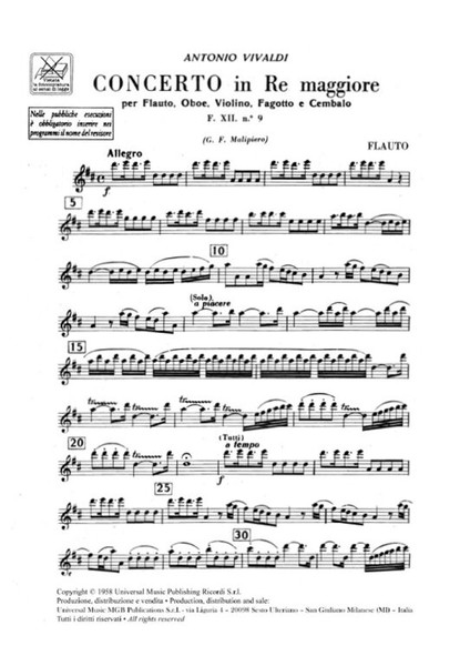 Vivaldi, Antonio: CONC. PER STRUM. DIVERSI E B.C.: IN RE 'DEL GARDELLINO' PE R FL., VL. E FG. RV 90 - F.XII/9 / parts / Ricordi / 1991