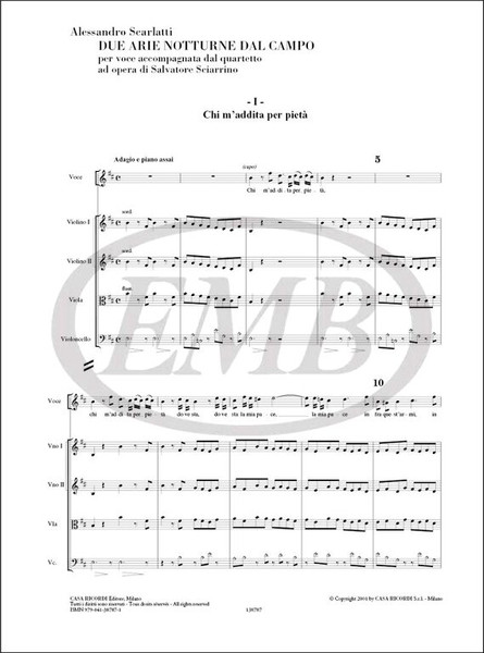 Scarlatti, Alessandro: DUE ARIE NOTTURNE DAL CAMPO, PER VOCE ACCOMPAGNATA DAL / QUARTETTO - AD OPERA DI SALVATORE SCIARRINO (2001) / Ricordi / 2003