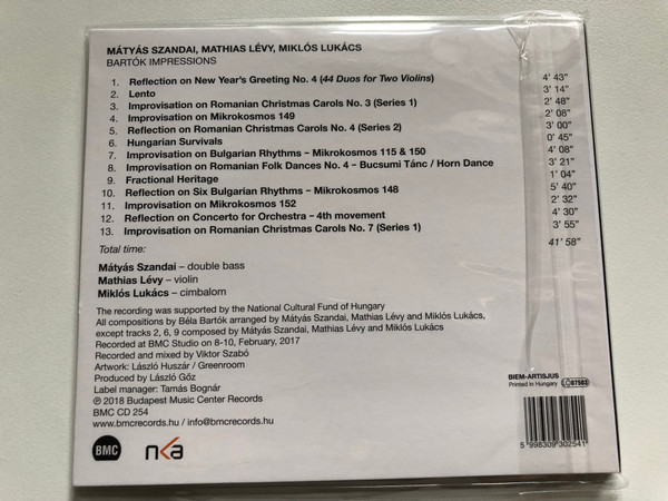 Mátyás Szandai, Mathias Lévy, Miklós Lukács – Bartók Impressions / Budapest Music Center Records Audio CD 2018 / BMC CD 254