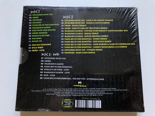 The Prodigy – Invaders Must Die / Special 2CD/DVD Edition. Includes re-amped Invaders Must Die, Omen live, remixes, live video clips and 48 page tour booklet / Take Me To The Hospital 2x Audio CD + DVD CD 2009 / HOSPCD001S