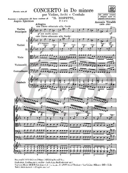 Vivaldi, Antonio: CONC. PER VL., ARCHI E B.C.: IN DO MIN. 'IL SOSPETTO' RV 1 / 99 - F.I/2 / Ricordi