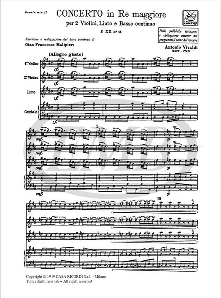 Vivaldi, Antonio: CONC. PER STRUM. DIVERSI E B.C.: IN RE PER 2 VL. E LIUTO R / V 93 - F.XII/15 / Ricordi / 1970
