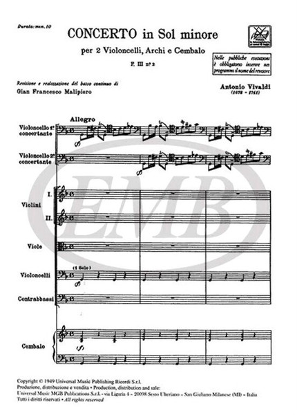 Vivaldi, Antonio: CONC. PER VC., ARCHI E B.C.: PER 2 VC. IN SOL MIN. RV 531 / score / Ricordi