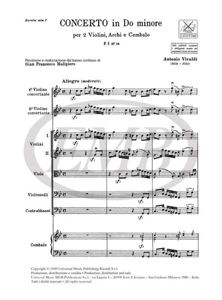 Vivaldi, Antonio: CONC. PER VL., ARCHI E B.C.: PER 2 VL. IN DO MIN. RV 510 - / F.I/14 / score / Ricordi