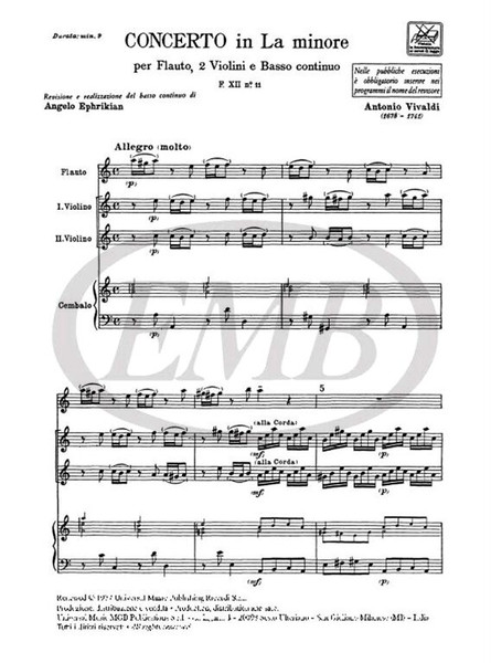 Vivaldi, Antonio: CONC. PER STRUM. DIVERSI E B.C.: IN LA MIN PER FL. E 2 VL. / RV 108 - F.XII/11 / Ricordi / 1984