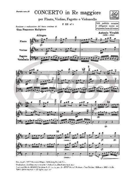 Vivaldi, Antonio: CONC. PER STRUM. DIVERSI E B.C.: IN RE PER FL., VL. E FG. / (O VC.) RV 92 - F.XII/7 - TOMO 39 / Ricordi / 1984