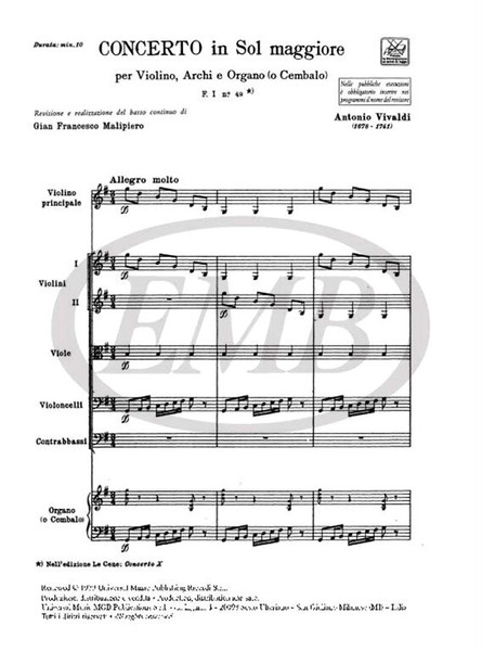 Vivaldi, Antonio: CONC. PER VL., ARCHI E B.C.: IN SOL OP.IX N.10 - RV 300 - F.I/49 / Ricordi / 1984