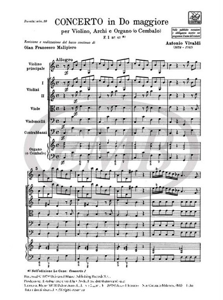 Vivaldi, Antonio: CONC. PER VL., ARCHI E B.C.: IN DO OP.IX N.1 - RV 181A - F .I/47 / Ricordi / 1984