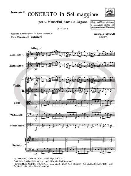Vivaldi, Antonio: CONC. PER MANDOLINO, ARCHI E B.C.: PER 2 MANDOLINI IN SOL / RV 532 - F.V/2 / score / Ricordi