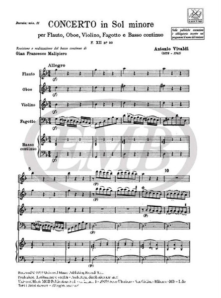 Vivaldi, Antonio: CONC. PER STRUM. DIVERSI E B.C.: IN SOL MIN PER FL., OB., VL. E FG. RV 105 - F.XII/20 / Ricordi / 1984