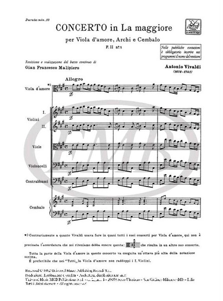 Vivaldi, Antonio: CONC. PER VLA D'AMORE, ARCHI E B.C.: IN LA RV 396 - F.II/1 / Ricordi / 1984