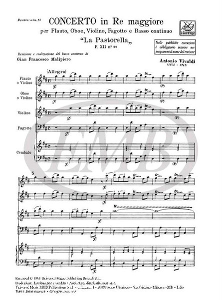 Vivaldi, Antonio: CONC. PER STRUM. DIVERSI E B.C.: IN RE 'LA PASTORELLA' PER / FL., OB., VL. E FG. RV 95 - F.XII/29 / Ricordi / 1984