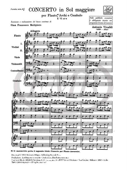 Vivaldi, Antonio: CONC. PER FL., ARCHI E B.C.: IN SOL RV 436 - F.VI/8 / Ricordi