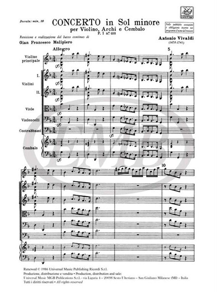 Vivaldi, Antonio: CONC. PER VL., ARCHI E B.C.: IN SOL MIN. RV 321 - F.I/122 / Ricordi / 1984
