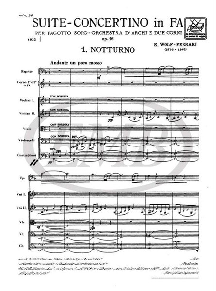 Wolf-Ferrari, Ermanno: SUITE-CONCERTINO IN FA OP.16 PER FG., ORCH. D'ARCHI E 2 CO RNI / Ricordi / 1984