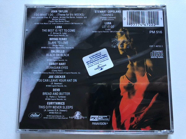 9½ Weeks (Original Motion Picture Soundtrack) / Featuring: Joe Cocker, Stewart Copeland, Dalbello, Devo, Eurythmics, Bryan Ferry, Corey Heart, Luba, John Taylor / Capitol Records Audio CD 1986 / CDP 7 46722 2