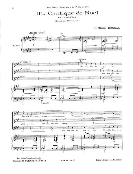 Bonnal, Joseph Ermend: Cantique de Noël extrait no. 3 de 'Trois Noëls' / pour pour soprano solo, chour de femmes (ou chour mixte) & piano / piano score / Durand