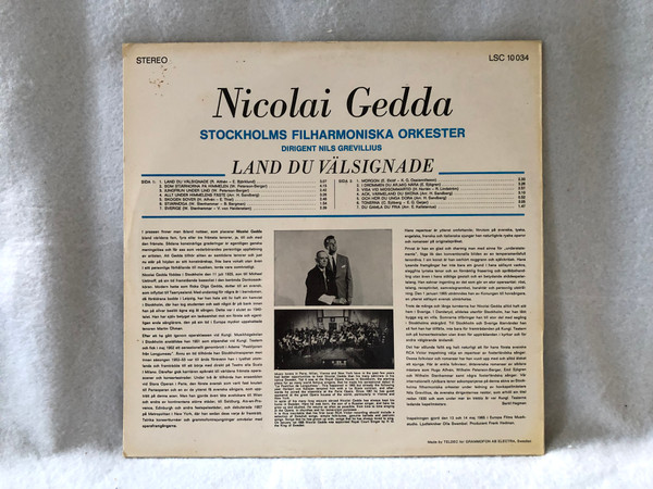 Nicolai Gedda, Nils Grevillius, Stockholms Filharmoniska Orkester – Land du välsignade / RCA Victor / 1965 LP VINYL LSC 10 034