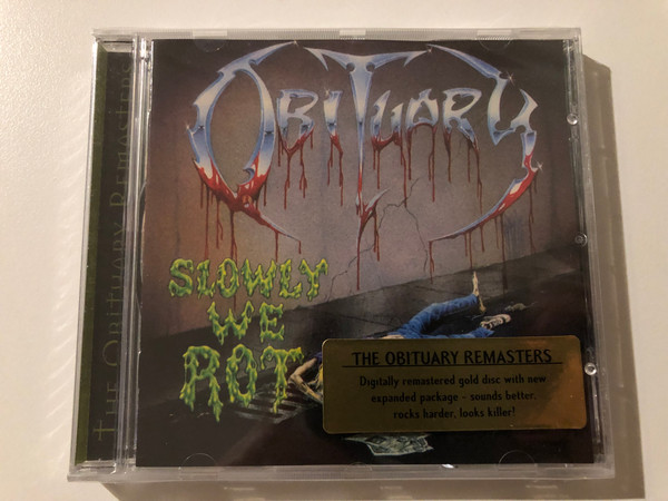 Obituary – Slowly We Rot / The Obituary Remasters. Digitally remastered gold disc with neew expanded package - sounds better, rocks harder, looks killer! / Roadrunner Records Audio CD 1997 / RR 8768-2