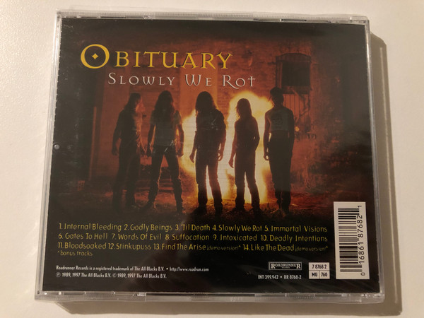 Obituary – Slowly We Rot / The Obituary Remasters. Digitally remastered gold disc with neew expanded package - sounds better, rocks harder, looks killer! / Roadrunner Records Audio CD 1997 / RR 8768-2