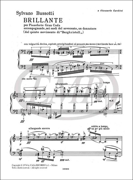 Bussotti, Sylvano: BRILLANTE PER PF. GRAN CODA, ACCOMPAGNANDO, NEI MODI DEL ' 900, UN DANZATORE / Ricordi Americana / 1976