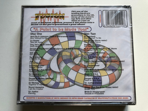 Fusion - ''A Point To Be Made Too!'' / Mixed By Sy, Vinylgroover & Unknown / Exclusive tracks and remixes from the countries leading labels: Silkcuts, Quosh, Hectic, Essential Platinum, World Of Obsession / Fusion 2x Audio CD / FUSCD004