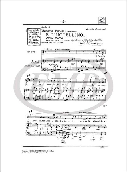 Puccini, Giacomo: E L'UCCELLINO... / NINNA NANNA PER CANTO E PIANOFORTE, CON L'AGGIUNTA DI / Ricordi Americana / 2002