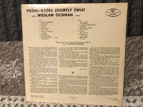 Wiesław Ochman – Pieśni - Które Zdobyły Świat  Polskie Nagrania Muza 1969 LP VINYL XL 0544