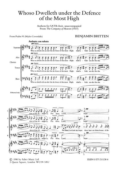 Britten, Benjamin: Whoso Dwelleth under the Defence. SATB /  Faber Music