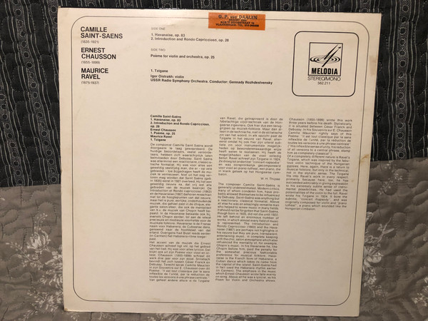 Camille Saint-Saëns, Ernest Chausson, Maurice Ravel - Gennady Rozhdestvensky, Igor Oistrach, USSR Radio Symphony Orchestra - Havanaise, Inroduction and Rondo Capricioso, Poeme for violin and orchestra, Tzigane / Melodia / LP VINYL 562.211