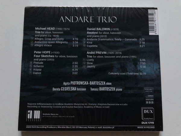 Andare Trio - Agata Piotrowska-Bartoszek (oboe), Dorota Cegielska (bassoon), Tomasz Bartoszek (piano) / DUX Recording Producers Audio CD 2020 / DUX 1719