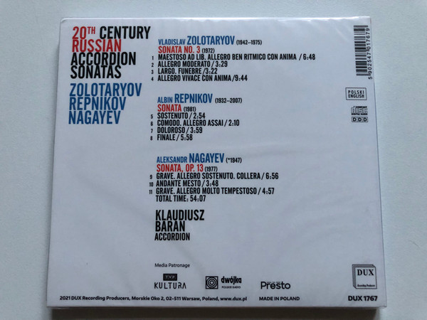 20th Century Russian Accordion Sonatas - Zolotaryov, Repnikov, Nagayev / Klaudiusz Baran - accordion / DUX Recording Producers Audio CD 2021 / DUX 1767