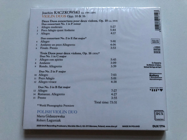 Joachim Kaczkowski - Violin Duos Opp. 10 & 16 / Polish Violin Duo, Marta Gidaszewska, Robert Laguniak / DUX Recording Producers Audio CD 2020 / DUX 1714